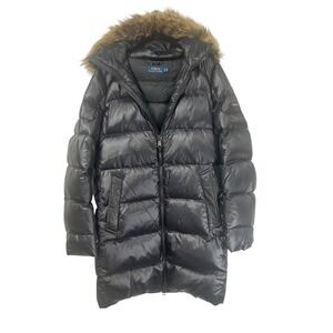 Polo Ralph Lauren Black Duck Down Fill Puffer Coat Faux Fur Hood Womens Small